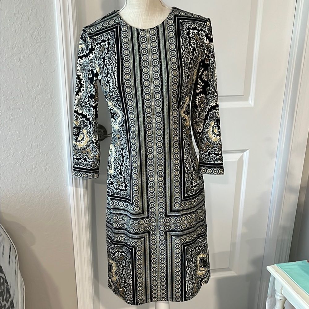 J. McLaughlin Monochrome BOHO Patterned Long Sleeve Dress